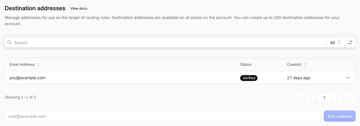 Destination addresses page with one address marked Verified and an Add address field below it
