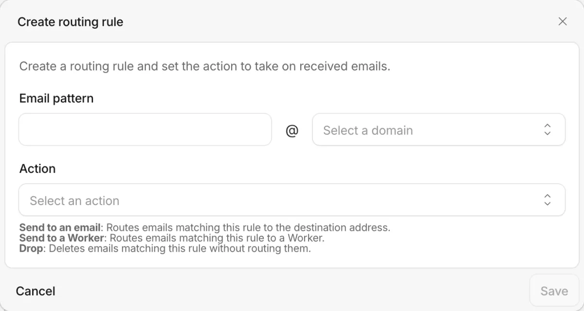 Create routing rule dialog with an email pattern field, a domain picker and an Action menu explaining Send to an email, Send to a Worker and Drop