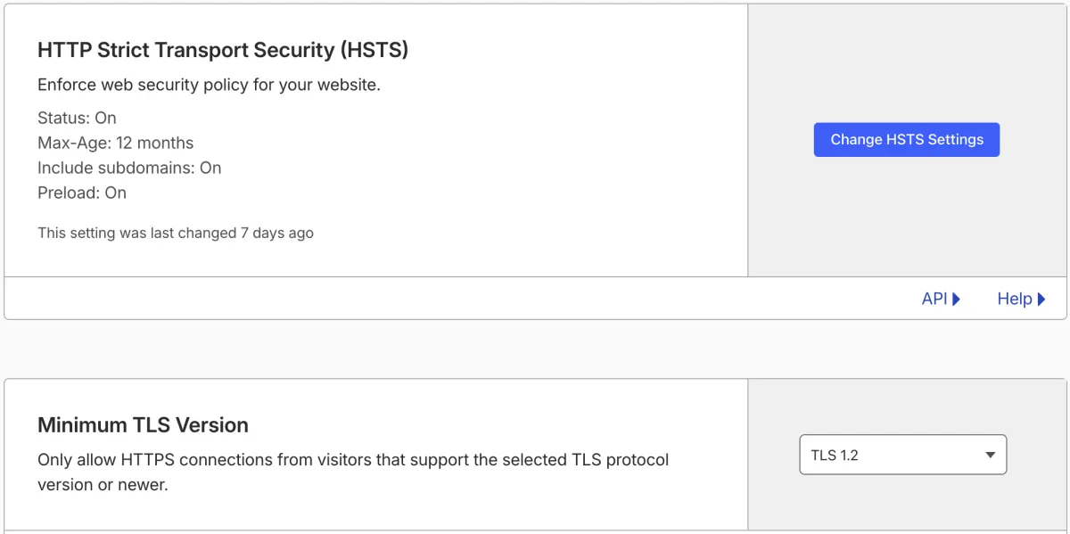 SSL/TLS Edge Certificates page: HSTS on with a 12 month max-age, subdomains and preload on, and Minimum TLS Version set to TLS 1.2